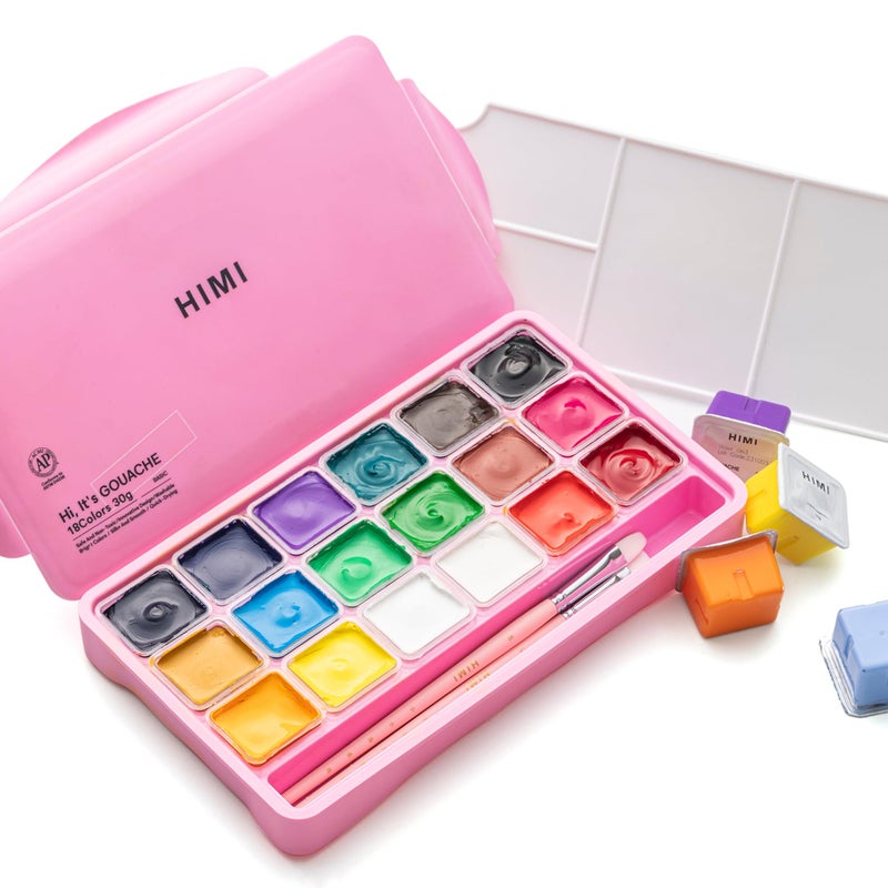 HIMI Gouache Paints Set, 18 Colors, 30g, jelly gouache paint set, Non Toxic Paint for Canvas and Paper, Art Supplies for Professionals, and More (Pink Case) - Image 1
